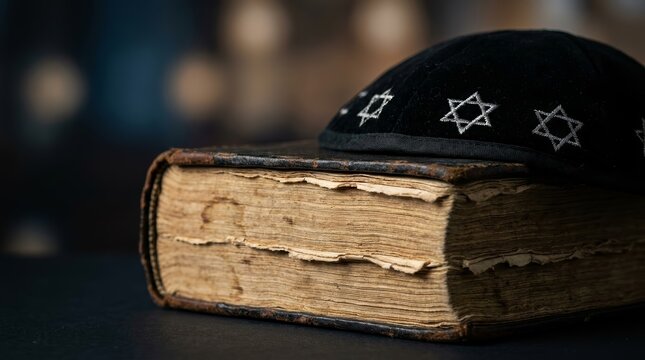 An old praying book and a kippah used in Orthodox Jewish religious tradition.
