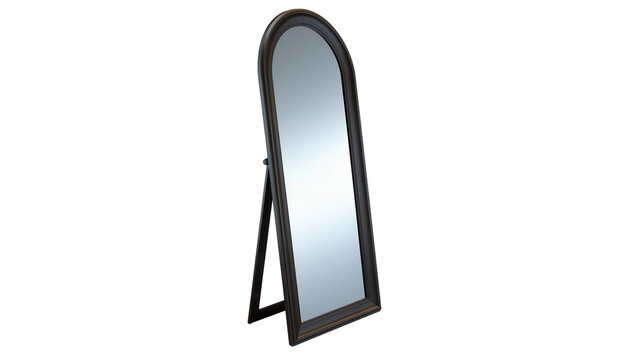 Tall arched dark wood floor mirror with stand, isolated on transparent background