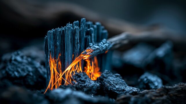 A close-up view of glowing embers among charred wood, showcasing the beauty and intensity of fire in nature.