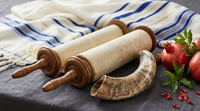 Jewish religious traditions including a Torah scroll, shofar, and tallit for Yom Kippur.