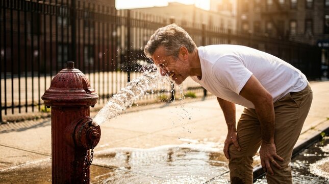 A man refreshing himself with water from a fire hydrant in a public square during high summer temperatures.