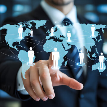Business executive selecting a glowing location on a digital world map, representing global leadership, international networking, and workforce management