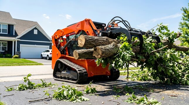 Skid steer machinery removing fallen tree logs from a suburban driveway.