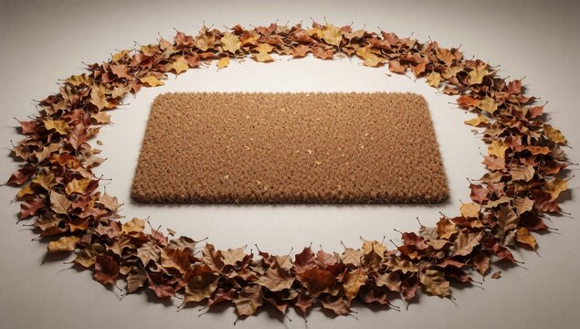 Rectangular doormat center circle made autumn leaves various shades red orange yellow indicating mat appears w