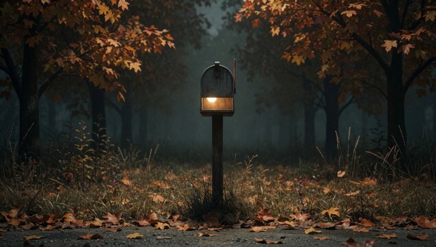 Street lamp post middle foggy forest made metal has round shape small window top light turned casting warm glo