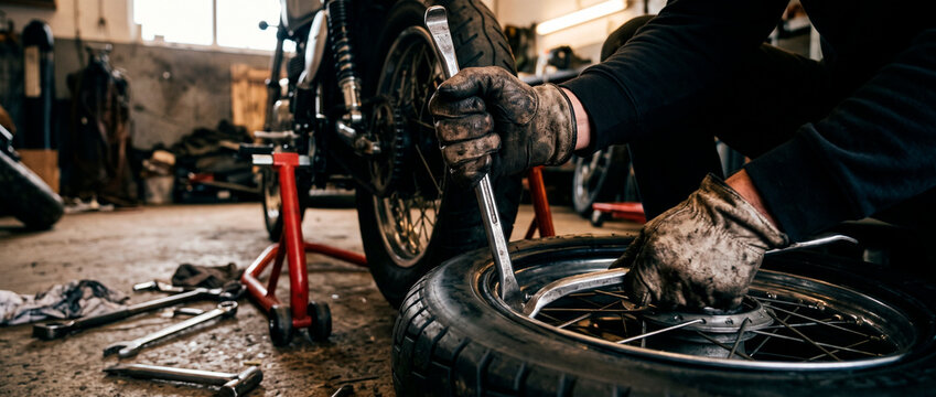 Mechanic repairing a motorcycle wheel with tire levers in a workshop. Skilled maintenance, tire replacement, and custom motorcycle service concept.