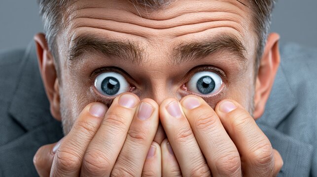A man shows shock and surprise, expressing intense emotions with wide eyes and hands over his face.