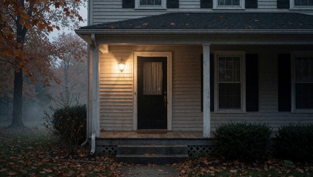 Two-story house porch painted light beige color has black shutters windows covered wooden railing there steps
