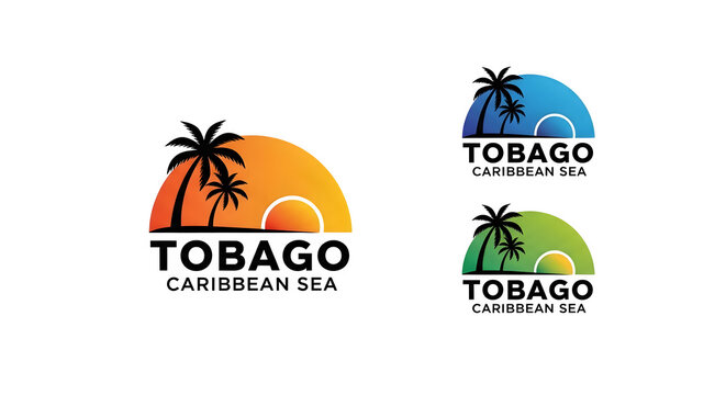 Tobago Caribbean Sea travel logo icons featuring tropical palm trees and sunset horizon designs isolated on a transparent background