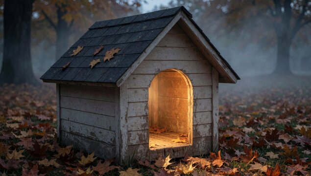 Small wooden dog house middle forest made light-colored wood has sloping roof chimney top surrounded fallen le
