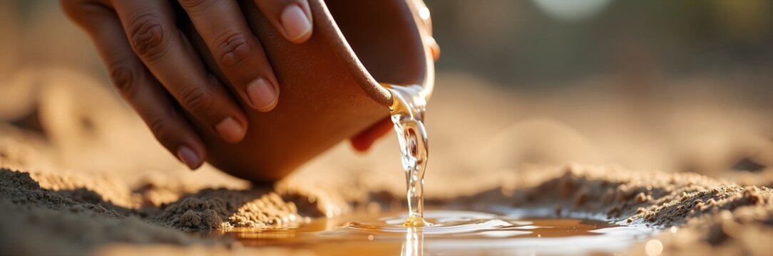 Hand pouring water from clay pot onto sand with sunlight reflecting off the surface. Clay pot spills water creating glistening droplets on sandy ground, symbolizing life and faith.