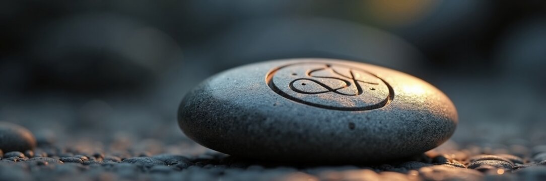 Smooth stone with engraved symbol resting on surface in serene setting. Engraved stone features intricate design surrounded by pebbles in tranquil environment.