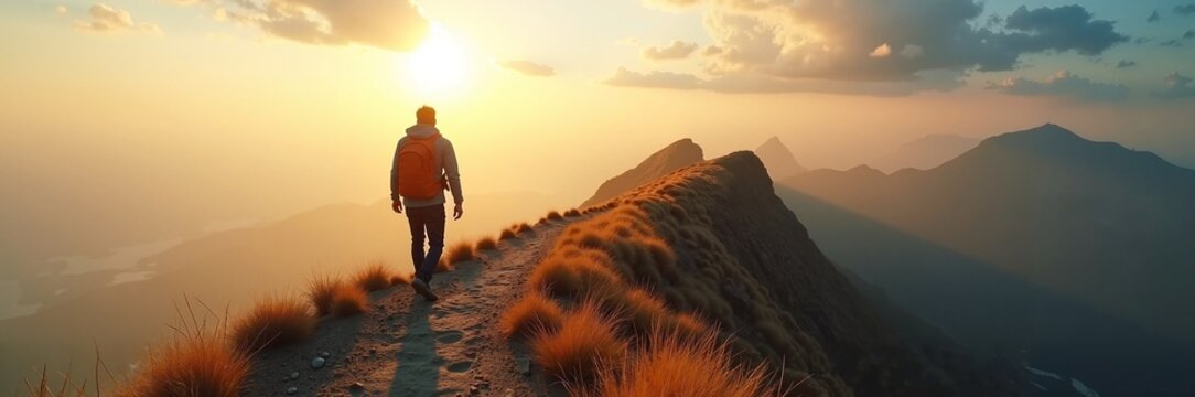Hiker walking along mountain ridge at sunset, breathtaking view of valley below and distant peaks. Sunset illuminates landscape with warm hues, creating an inspiring atmosphere for outdoor adventure.