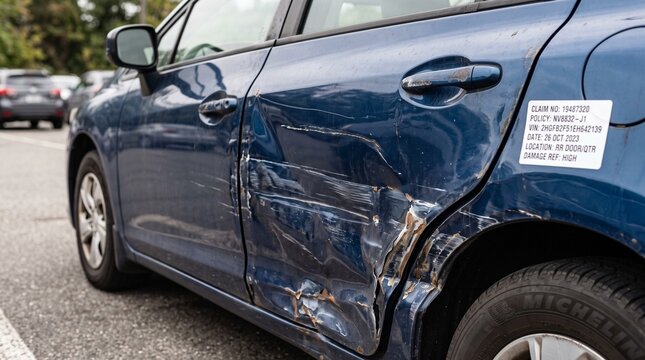 Closeup of a blue car with significant side body damage, including a dented rear door and scratched quarter panel, parked in an outdoor parking lot