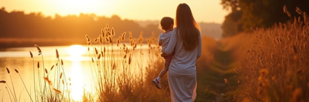 Mother and child enjoying sunset by the river with warm golden tones reflecting on water. Mother carries child while strolling through tall grass, creating a serene moment filled with love.