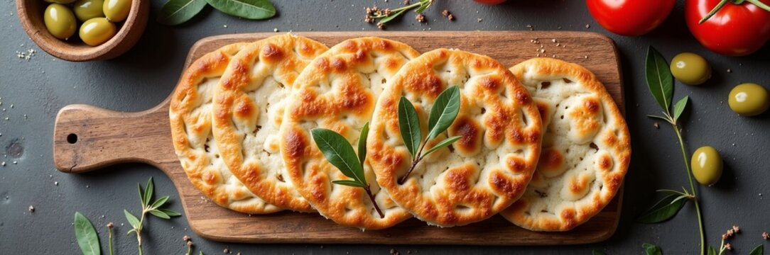 Freshly baked flatbreads with olives and tomatoes on wooden board, garnished with herbs and spices. Delicious flatbreads feature crispy edges and soft center,