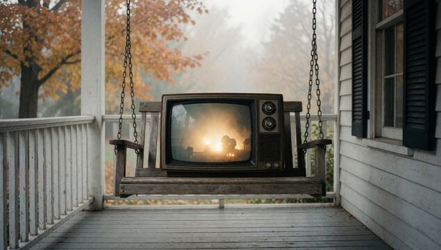 Old-fashioned television set hanging wooden swing porch center screen turned displaying sunset sunrise covered