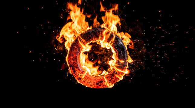 Heavy iron ring bursting with intense orange flames in a dark forge setting. Showing extreme heat and powerful industrial metalworking concepts for heavy machinery and manufacturing graphics.