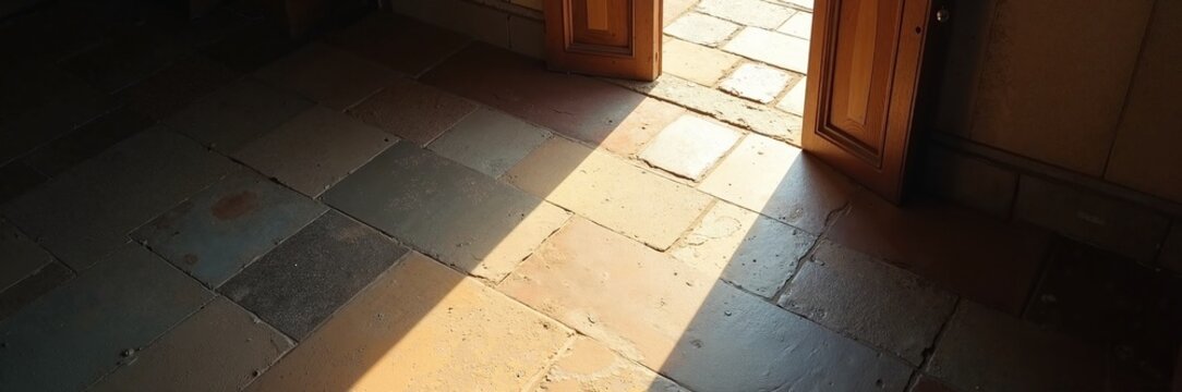 Warm sunlight streaming through open door onto stone floor creates inviting atmosphere. Sunlight illuminates textured stone tile, emphasizing warmth and tranquility.