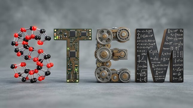 STEM education concept with 3D letters representing science, technology, engineering and mathematics