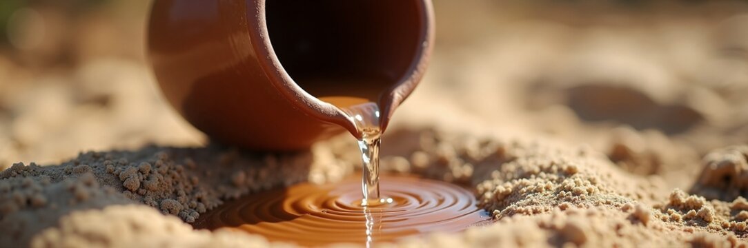 Clay pot pouring water onto sandy surface, creating ripples in sunlit setting. Water from clay pot brings life to arid environment, symbolizing abundance and nourishment.