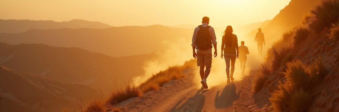 Family hiking during sunset on mountain trail, capturing silhouettes against colorful sky. Hiking experience includes breathtaking scenery, warm sunlight, and a sense of adventure.