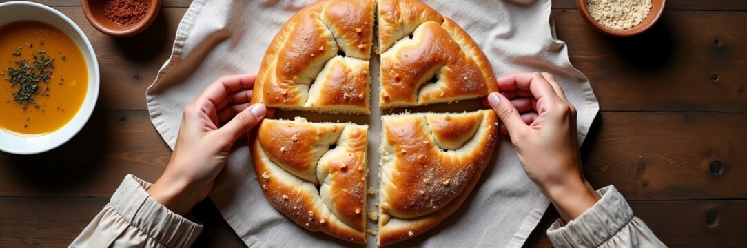 Freshly baked bread being sliced, golden crust with herbs on wooden table, paired with warm soup and dipping sauces. Comforting meal experience for family gatherings or dinner parties.