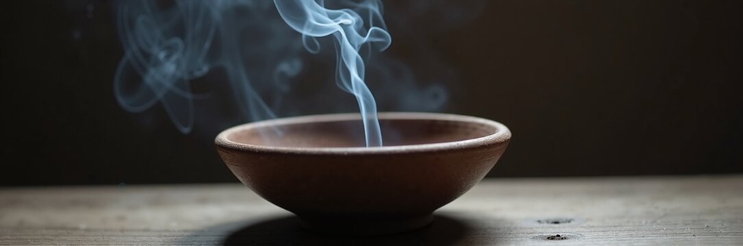 Aromatic smoke rising from clay bowl on wooden table, creating an inviting atmosphere. Soft gray tendrils of smoke swirl elegantly above the bowl, enhancing the tranquil ambiance.