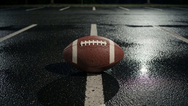 American football wet field center white lines clearly visible empty other players spectators background taken