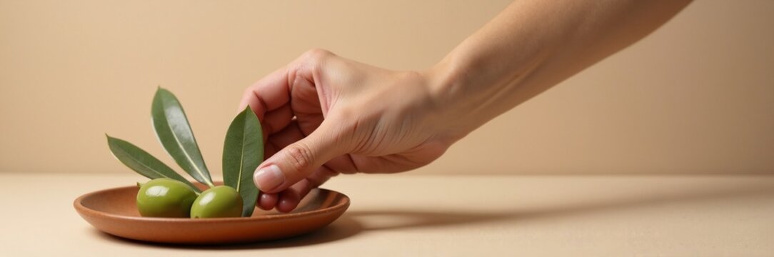 Fresh olives and green leaves placed on a ceramic plate with a hand gently arranging the ingredients.