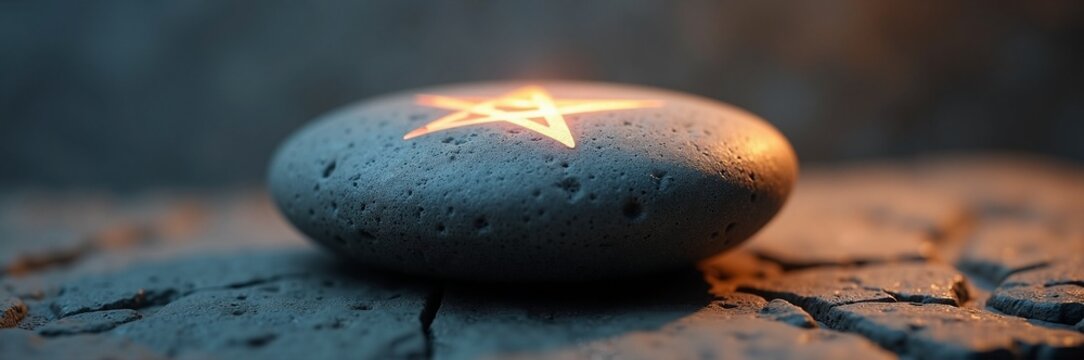 Smooth stone with glowing star symbol on rustic surface, highlighting spiritual meaning. The glowing stone represents beliefs and rituals associated with faith and spirituality.