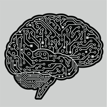 Illustration of a human brain integrated with electronic circuitry, representing artificial intelligence, digital cognition, technology, and neural computing.