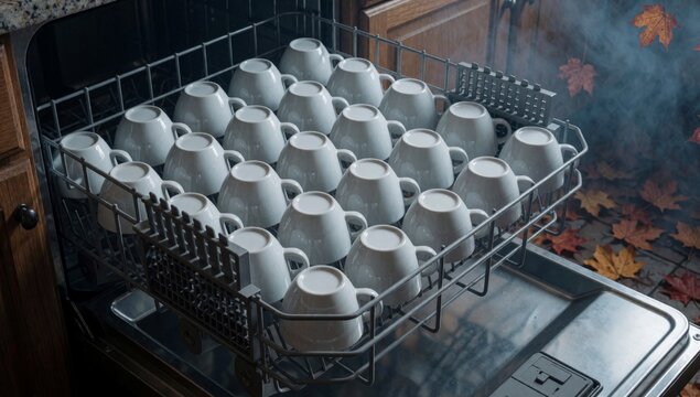 Dishwasher filled white coffee cups open arranged neatly rack background kitchen countertop autumn leaves scat