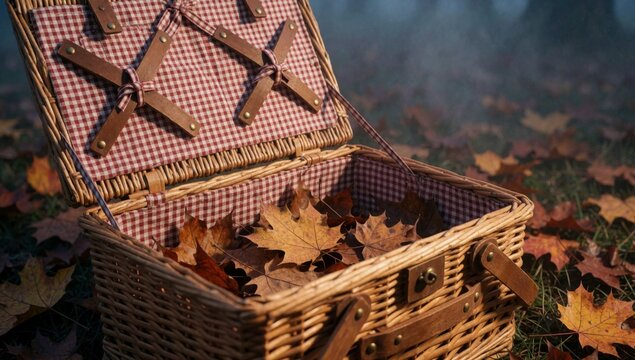 Wicker picnic basket red white checkered cloth inside placed bed autumn leaves scattered lid open revealing co