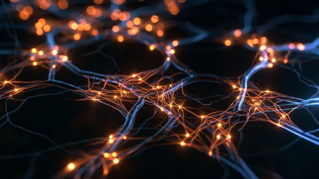 Abstract representation of neural networks showcasing interconnected lights and pathways in a digital format.