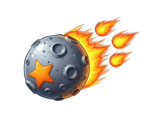 Cartoon asteroid with fire trail, flaming meteor with star symbol, flying space rock with craters, cosmic fireball illustration