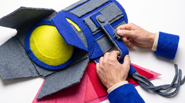 Hands assembling colorful felt rocket model with accessories  