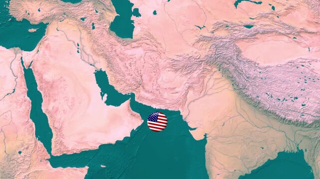 Persian Gulf Region Map with USA Flag Location Marker, 3D Zoom Animation