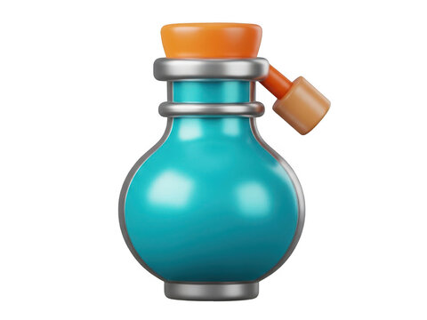 3D magic potion bottle, turquoise glass flask with orange cork, fantasy game asset icon isolated on white background