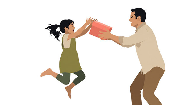 Father gives a gift to his daughter who is jumping with joy and excitement