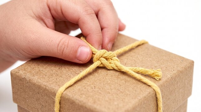 Close up of a hand tying a yellow string knot around a simple brown cardboard gift box