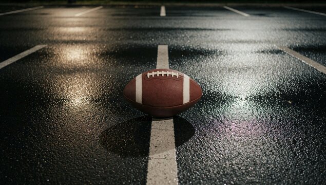 American football wet parking lot center white lines clearly visible ball brown stripes appears good condition