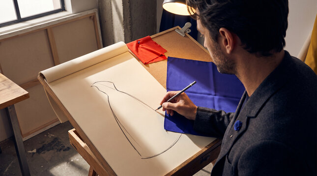 Fashion designer sketching a dress design in a bright studio  