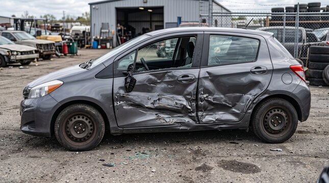 Damaged gray hatchback car with severe side impact collision dents and broken windows parked in an auto salvage yard