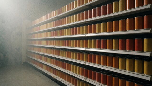 Long row empty shelves warehouse storage area arranged neat orderly manner rows cans different colors red oran