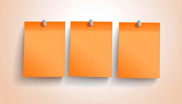 Three blank orange sticky notes pinned on a plain wall for office message board mockup