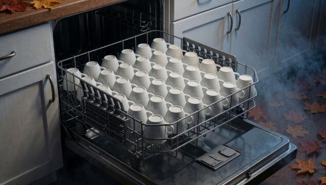 Dishwasher kitchen open rack filled white cups neatly arranged appear empty has cabinets wooden countertop the
