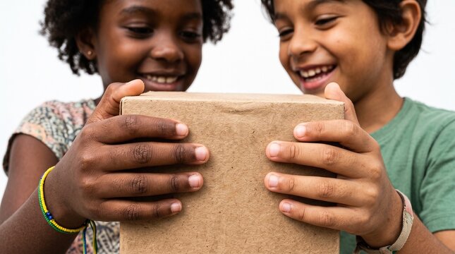 Joyful diverse children eagerly holding a cardboard box, anticipating its contents with smiles