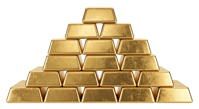 Stacked gold bars forming a pyramid shape on a white background