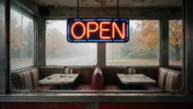 Old abandoned diner large neon sign reads open hanging ceiling has red white striped booth small tables front